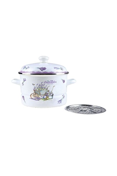 OEM Set 2 x Enameled Pot with Lid and Metal Sieve, 24 cm, 5 l, White / Purple, Grunberg, Model GR2462B