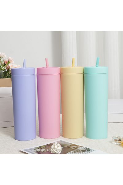 Choice 401-500ml Color Random 1pc Plastic Straw Cup Double-Layer Water Bottles Coffee Cup Reusable Hard Pla