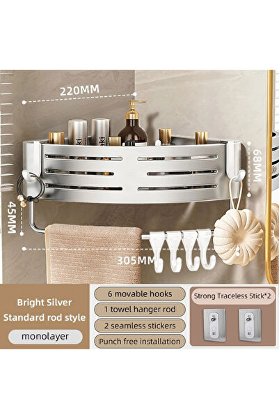 Choice رف زاوية دش فضي اللون مع قضيب بدون حفر، رف حمام من الألومنيوم مع قضيب ...