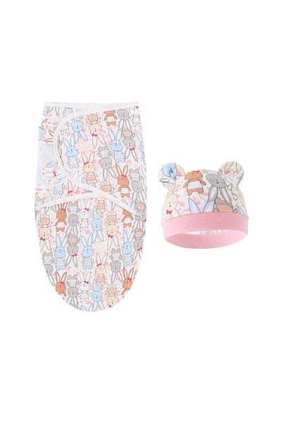 Choice Pink Bunny Baby Blanket Hat Set Cartoon Printed Cotton Newborn Swaddle Adjustable Infant Blankets Wr