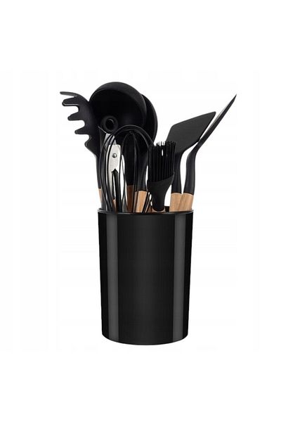 Aseto Set ustensile de bucatarie Aseto, 12 elemente, silicon, rezistent la temperaturi, negru