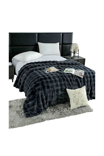 OEM Pătură de lux pentru pat dublu cu fermoar, blană artificială de iepure, MS STAR, 200x230cm, gri