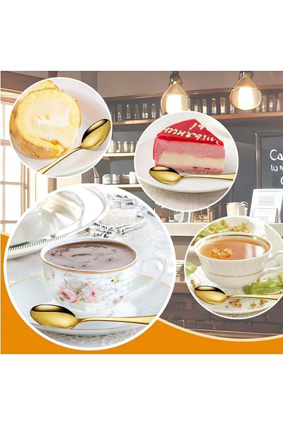 PUFO Set of 6 Simple spoons for coffee, tea, dessert, stainless steel, gold, 14 cm