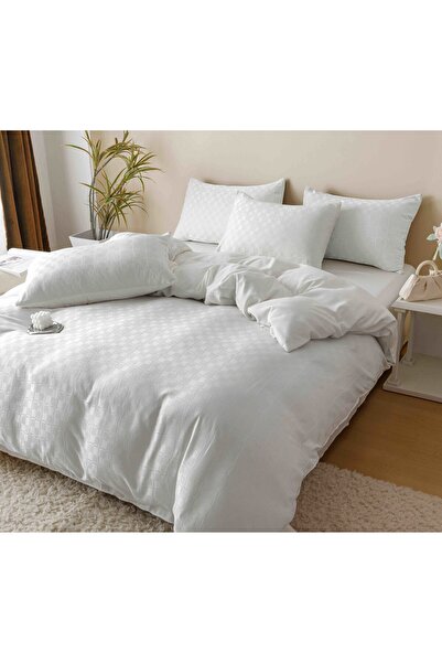 JOJO HOME Set Lenjerie de pat, Jojo Home, JQF9, bumbac jacquard finet premium, uni, 2 persoane, 6 piese, alb