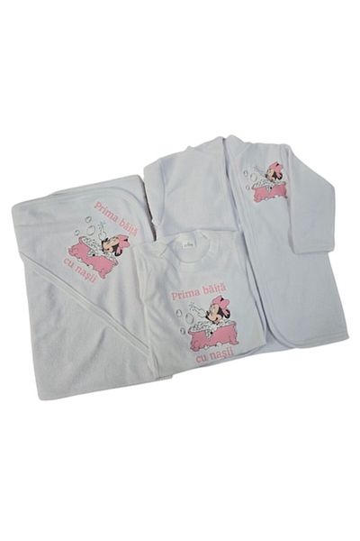 OEM Set pentru prima baita cu nasii 3-6 luni, Halat, Prosop si body, Alb, Model Minnie