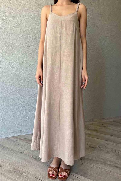 manana fashion Rochie lungă din in, tricotată de culoare nurcă
