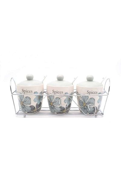 wei Set 3 recipiente condimente, ceramica, suport, capace Cu Suport Metalic, GRI/ALB