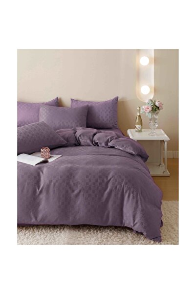 JOJO HOME Set Lenjerie de pat, Jojo Home, JQF8, bumbac jacquard finet premium, uni, 2 persoane, 6 piese, mov