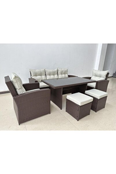 Chomik Garden/terrace furniture set, brown and beige, 1 table, 2 chairs, 2 stools, 1 sofa, Dolores