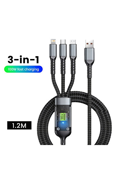 Choice كابل شحن USB 3 في 1 سريع الشحن، أسود، 100 وات، من النوع C، كابل شحن مت...