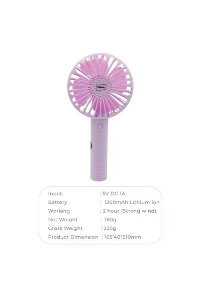 İMPEX Rechargeable Handheld Fan with 3 Speed Settings 1200mAh Battery USB Charging Design Lavender