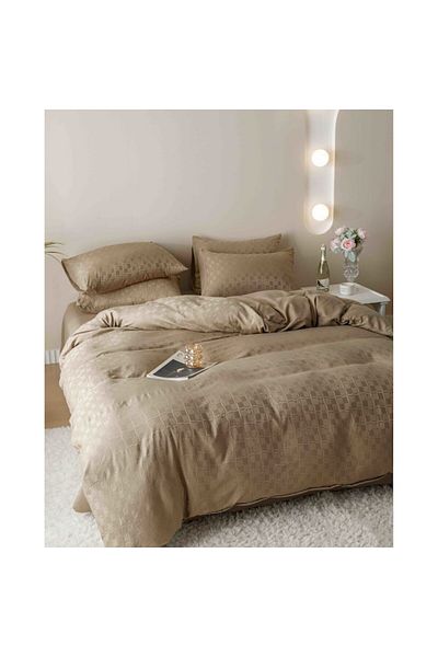 JOJO HOME Set Lenjerie de pat, Jojo Home, JQF15, bumbac jacquard finet premium, uni, 2 persoane, 6 piese, bej