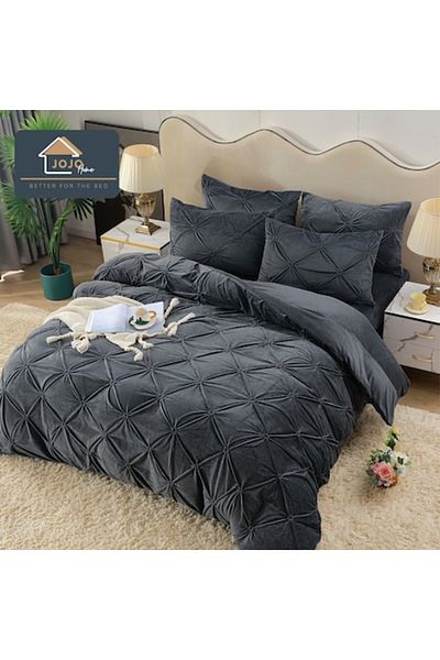 OEM Double Bed Set, Velvet, 4 Pieces, Dark Grey, Elastic