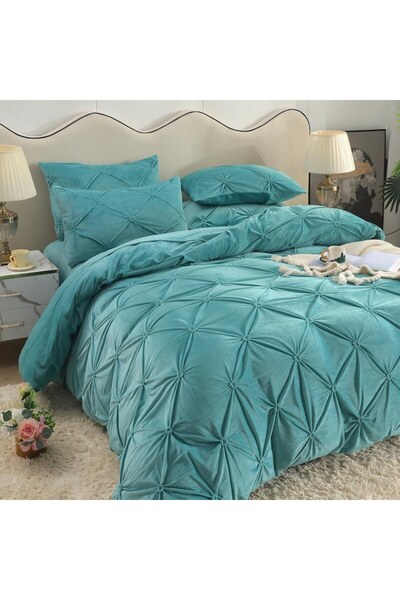 OEM Lenjerie de pat, catifea, 2 persoane, 4 piese, cu elastic, UniDeluxe cu pliuri, 180x200cm, turcoaz