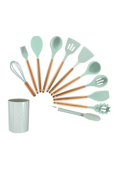 OEM Set de 12 tacâmuri de gătit din silicon cu mâner din lemn, antiaderente, verzi