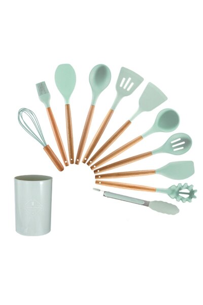 OEM 12-Piece Silicone Cooking Utensil Set with Wooden Handle, Non-Stick, Green