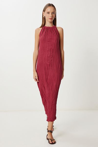 Lovelyİstanbul Rochie de vară din in cu efect de șifonat LGK0005 CHERRY