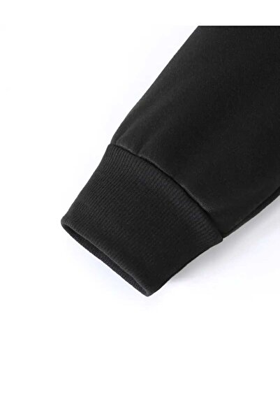 caddekombin Üç Çizgi Baskılı Kapüşonlu Cepli İçi Yünlü Siyah Sweatshirt