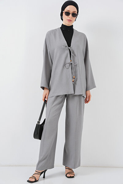 Bigdart Women's Linen Kimono Double Set 6727 - Gray