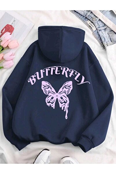 caddekombin Butterfly Front Back Printed Hooded Pocket Cotton Navy Blue Sweatshirt
