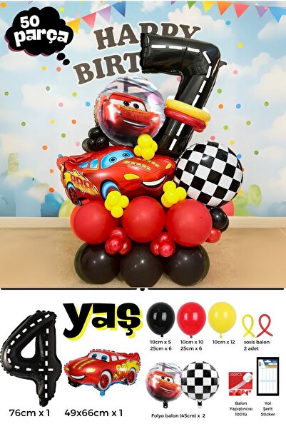 PARTİAVM Arabalar / Cars / Şimşek McQueen 4 YAŞ Yaş Doğum Günü Siyah Rakam Ba...