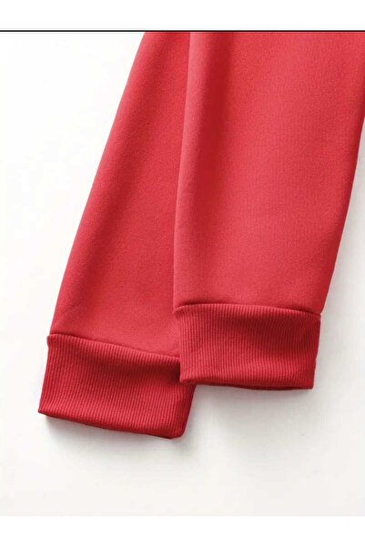 caddekombin Blackjack Baskılı Kapüşonlu Cepli Pamuklu Kırmızı Sweatshirt