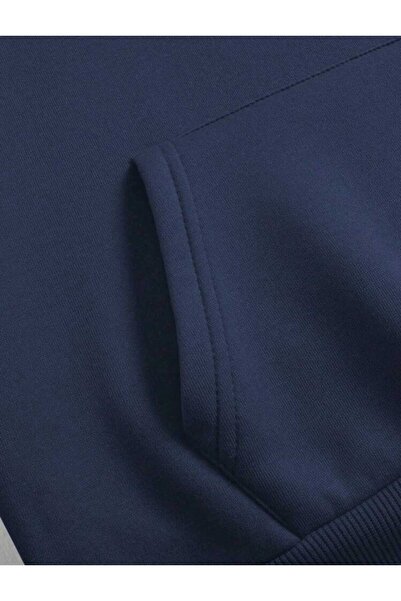 caddekombin Butterfly Front Back Printed Hooded Pocket Cotton Navy Blue Sweatshirt