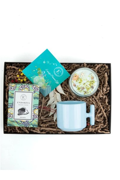 endorfia Anneler gününe hediyelik-Deniz Konsept Kokulu Mum - Seramik Kupa Mavi - Lale Desenli Filtre Kahve