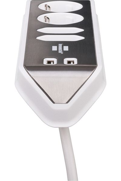 Brennenstuhl Prelungitor pentru perete colt Estilo 4 prize, 2 USB, 3.1 A, 2m Inox, Adeziv inclu