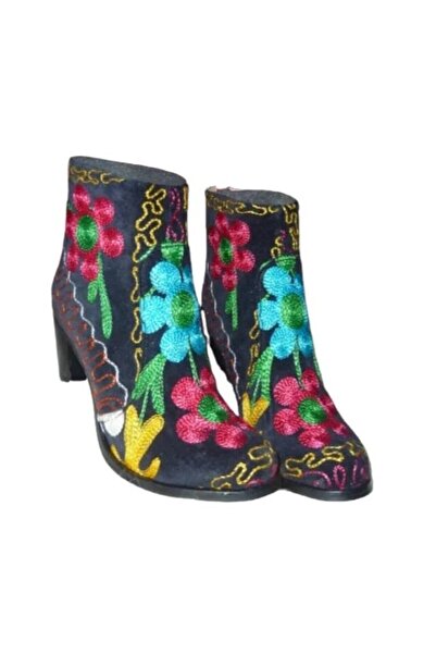 Anatolia Botine Gizem piele, catifea brodata manual cu matase, Negru, 38