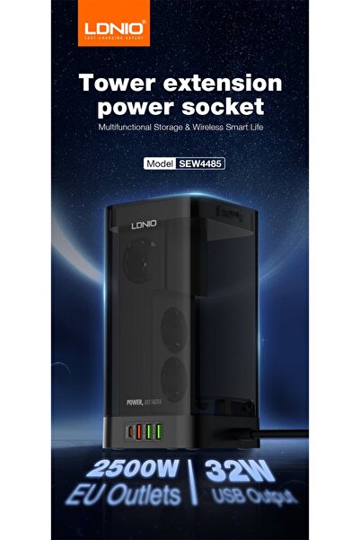 LDNIO Extension Type Tower SEW4485, Wireless Charger, 3 Outlets, 3 X USB-A, 1 X USB-C, Charging