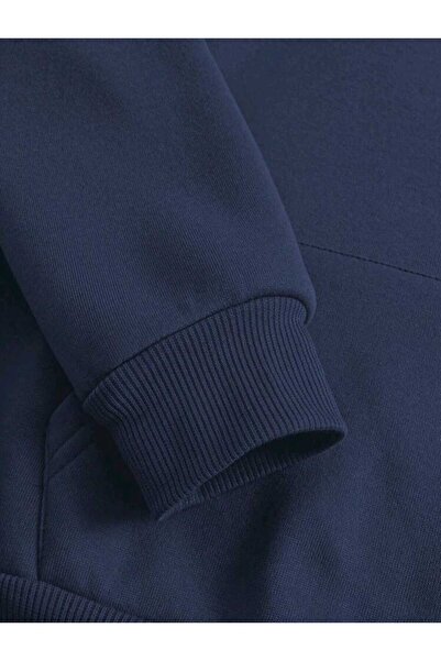 caddekombin Butterfly Front Back Printed Hooded Pocket Cotton Navy Blue Sweatshirt