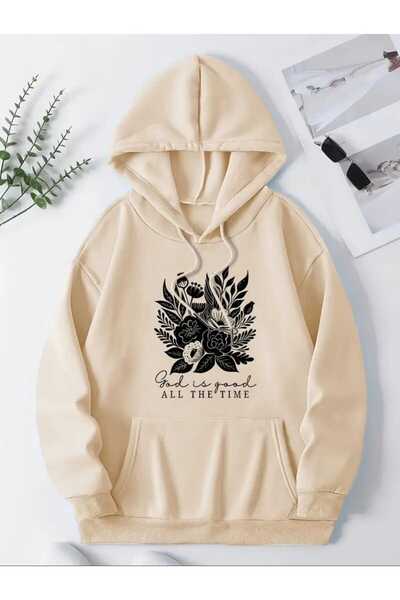 caddekombin God All the Time Printed Hooded Pocket Cotton Beige Sweatshirt