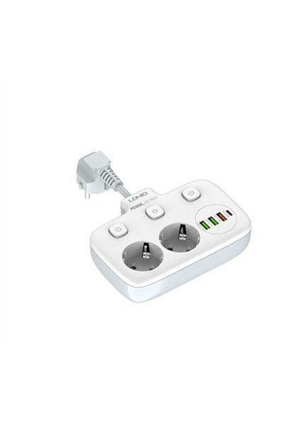 LDNIO Prelungitor SE2435, 2 prize, 3 X USB-A, 1X USB-C, incarcare rapida QC 3.0, 10A