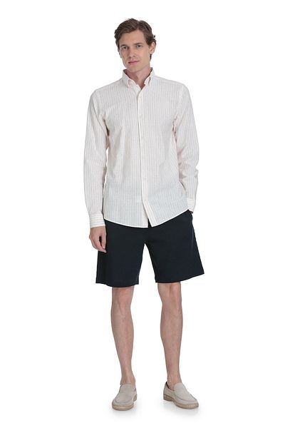 Hatemoğlu Cream Comfort Fit Striped Button Collar Cotton-Linen Long Sleeve Shirt