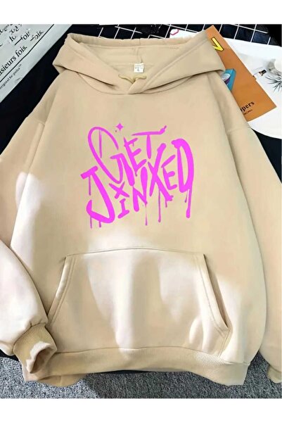 caddekombin Get Jinxed Graffiti Printed Hooded Beige Sweatshirt with Pocket a...