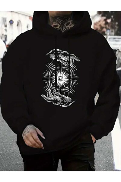 caddekombin Kaos Sembolü Baskılı Kapüşonlu Cepli İçi Yünlü Siyah Sweatshirt