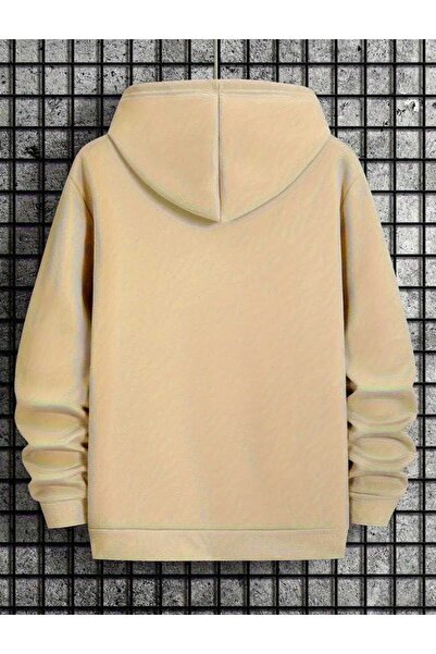 caddekombin Hanorac cu glugă cu imprimeu negru închis, cu buzunare, cu interior din lână, bej