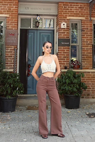 VAGGON Kadın Kahverengi Beş Cepli Bol Paça Müslin Pantolon Vs00674