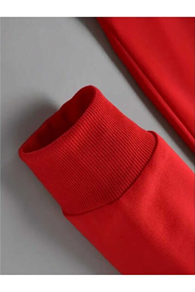 caddekombin Get Jinxed Graffiti Printed Hooded Pocket Red Sweatshirt with Wool Inside