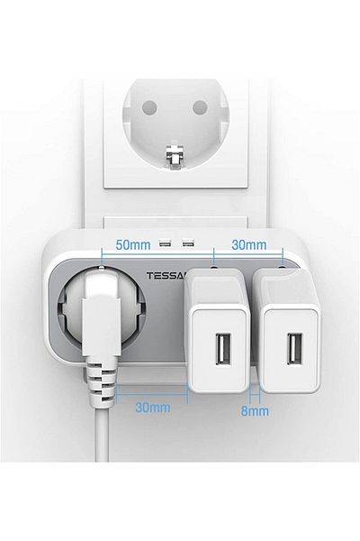 TESSAN Triple USB plug TS-324, 16A, 2xUSB 2.4A