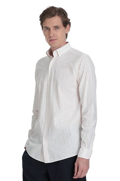 Hatemoğlu Cream Comfort Fit Striped Button Collar Cotton-Linen Long Sleeve Shirt