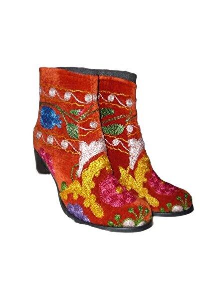 Anatolia Ghete Gizem din piele și catifea brodată cu mătase, portocaliu, mărimea EU 40