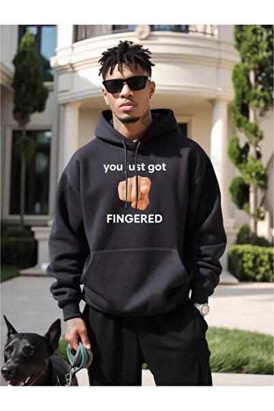 caddekombin Hanorac negru din bumbac cu mâneci lungi, cu buzunar și imprimeu