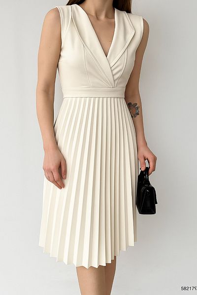 Deafox Beige Pleated and Belted Zero Sleeve Collar Belted Dress
