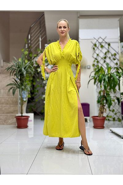 Punta Otantik Pt242500 Elastic Waist Collar Shoulder Tassel Deep Slit Cotton Dress Pistachio