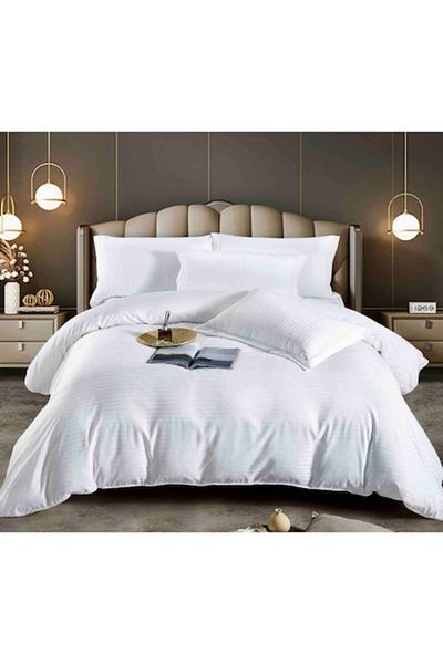 JOJO HOME Lenjerie de Pat Dublu Cu Elastic 100% Bumbac Damasc 6 Piese, 180 x 200 cm, Alb
