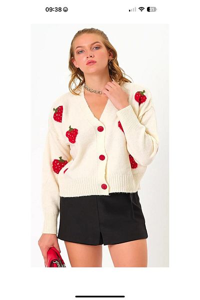 FLEX FASHION Γυναικεία πλεκτή ζακέτα Ecru Strawberry