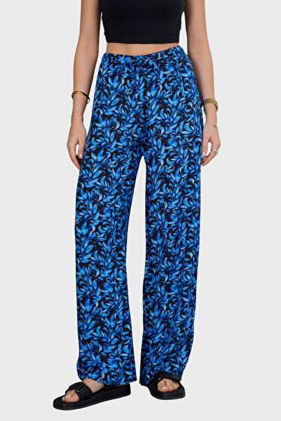 VAGGON Women's Saks Elastic Waist Lace up Patterned Viscose Palazzo Trousers Vs00371