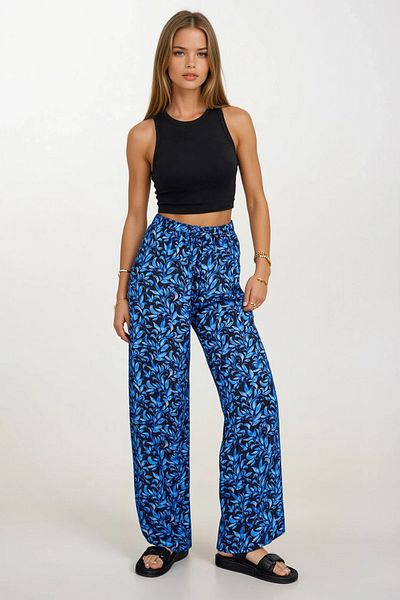 VAGGON Women's Saks Elastic Waist Lace-Up Patterned Viscose Palazzo Pants Vs00371